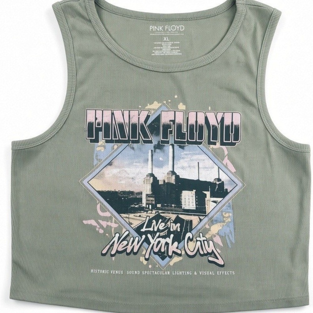 Pink Floyd Crop Tank Top Women XL Sage Green Ribbed Live in NYC Graphic